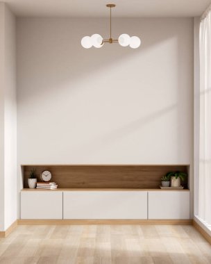 Ahşap parke zeminin üzerinde top tavan lambası ve modern bir odada depolanmış beyaz duvar. İç Modelleme, 3D Yapılandırma, 3B Görüntü.