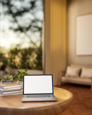 Beyaz ekran dizüstü bilgisayar ve kitap ahşap kanepede ve güneş ışığıyla modern odadaki balkondan geçiyor. Reklam Modeli, 3B Yapılandırma, 3B Görüntü.