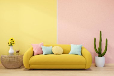 Renkli yastıklı kanepe kaktüs ve ayçiçeği vazosu masa pembe ve sarı duvarlı oturma odasında. Ürün Ekranı, 3D Görünüm, 3B Görüntü.