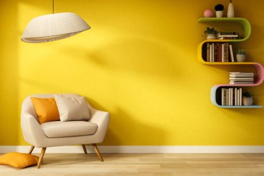 Lambanın altında yastıklı beyaz kanepe ve sarı duvarda güneş ışığıyla parlayan gökkuşağı kitaplığı. İç Modelleme, 3D Yapılandırma, 3B Görüntü.