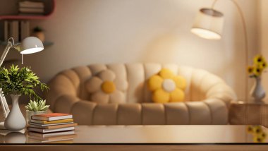 Çiçek saksısı vazosu ve kitap, loş odada lambanın altında çiçek yastığı olan cam masanın üzerinde. Ürün Ekranı, 3D Görünüm, 3B Görüntü.