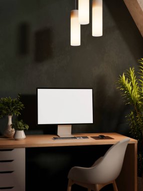 Ahşap çekmecede beyaz ekran bilgisayar ve loş ışıklı odada duvarın altında asılı sandalye. Reklam Modeli, 3B Yapılandırma, 3B Görüntü.