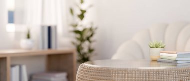 Kitaplar ve saksılar, duvarın karşısındaki yuvarlak masa ve parlak oturma odasındaki cam pencere üzerinde. Ürün Ekranı, 3D Görünüm, 3B Görüntü.