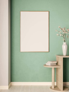 Parke zemindeki ahşap masada yeşil pastel duvarda asılı duran beyaz çerçeve ve vazo. Ürün Görünümü, 3D Hazırlama, 3B Resim.