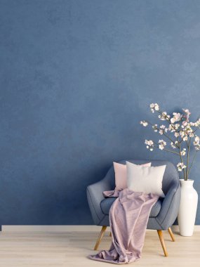 Mavi duvar odasındaki ahşap zeminde pembe yastıklı ve mor battaniyeli kanepe. Ürün Görünümü, 3D Hazırlama, 3B Resim.