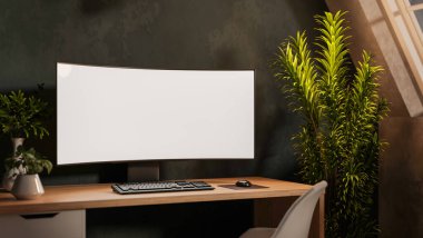 Beyaz kıvrımlı ekran bilgisayar ve tavan arası penceresinin altındaki sandalyeli ahşap masa üzerindeki saksı bitkileri. Reklam Biçimi, 3B Yapılandırma, 3B illüstrasyon.