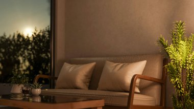 Yastıklı ahşap kanepe ve masa üzerinde kahve fincanı loş oturma odasındaki çiçek ve cam duvar. Ürün Görünümü, 3D Hazırlama, 3B Resim.