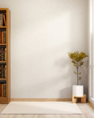 Köşe başında saksı saksısı, pencere kenarında halı ve ahşap parke zeminde kitaplık. İç Modelleme, 3B Yapılandırma, 3B Görüntü.