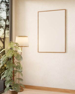 Boş fotoğraf ya da çerçeve beyaz duvara asılı lamba üzerinde ve saksı bitkisi ahşap parke zemin üzerinde. Reklam modeli, 3B Yapılandırma, 3B illüstrasyon.