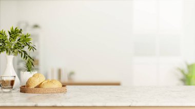 Ekmek tabağı ve kahve fincanı beyaz vazoyu, oturma odasındaki pencere duvarındaki mermer tezgahın üzerinde. Ürün Görünümü, 3D Hazırlama, 3B Resim.