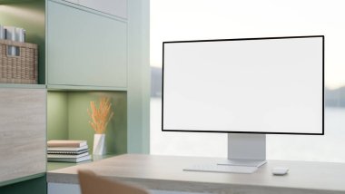 Beyaz ekran bilgisayar ahşap tezgahın üzerinde, yeşil dolabın yanında, parlak bir ofis odasında. Reklam Biçimi, 3B Yapılandırma, 3B illüstrasyon.