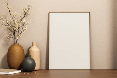 Beyaz çizim ya da duvara yaslanmış vazolar ve ahşap tezgah üzerine kitap. Reklam Biçimi, 3B Yapılandırma, 3B illüstrasyon