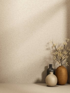 Çimento zemininde çeşitli çiçek vazoları. Oda köşesindeki sade tavan arasında güneş ışığı parlıyor..