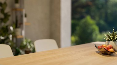 Cam tabakta elmalar, ahşap masada saksı bitkisi ve modern evin yemek odasında sandalyeler. İç Modelleme, 3B Yapılandırma, 3B Görüntü.