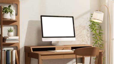 Ahşap masada beyaz ekran bilgisayar ve sandalye. Yanında lamba ve güneş ışığıyla birlikte kitap rafı. Ürün Görünümü, 3D Hazırlama, 3B Resim.