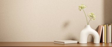 Eşsiz bir tasarım vazosu ve bej tavan arasında güneş ışığı parlayan ahşap tezgah masasında kitaplar. Reklam Biçimi, 3B Yapılandırma, 3B illüstrasyon.