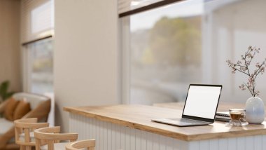 Beyaz ekran dizüstü bilgisayar, kahve ve kitap oturma odasında ya da kafede cam pencere kenarında. Reklam Modeli, 3B Hazırlama 3B Görüntü.