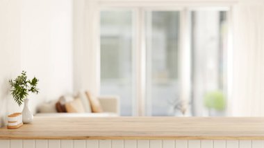 Tahta tezgahın üstündeki masaya vazo ve kavanoz, beyaz bir salonda ya da kafede kanepe ve cam kapı dikin. Ürün Görüntüleme, 3B Görüntüleme 3B Görüntü.