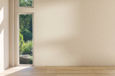 Modern bir ev ya da binanın ahşap parke zemininin üzerinde boş beyaz duvar ve cam pencere var. Ürün Ekranı, 3D Görünüm, 3B Görüntü.