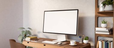 Beyaz ekran bilgisayar, ahşap masadaki kahve rafı ve düz duvardaki bitki örtüsü. Reklam Biçimi, 3B Yapılandırma, 3B illüstrasyon.