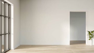 Ahşap parke zemin üzerinde yeşil bitki beyaz duvar odasındaki kapı ve cam pencereden güneş ışığı. İç Modelleme, 3D Yapılandırma, 3B Görüntü.