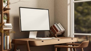 Beyaz ekran bilgisayar ve ahşap masadaki kitaplık bir kenara raf ve odanın köşesindeki cam pencere. Reklam Biçimi, 3B Yapılandırma, 3B illüstrasyon.