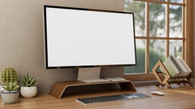 Beyaz ekran bilgisayar ve ahşap masa üzerinde kaktüs tenceresi olan kitaplık duvar ve cam pencere. Reklam Biçimi, 3B Yapılandırma, 3B illüstrasyon.