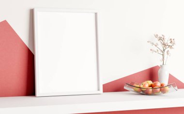 Boş çerçeve, cam tabakta elmalar ve beyaz duvarda asılı duran ahşap bir vazo. Ürün Ekranı, 3D Görünüm, 3B Görüntü.