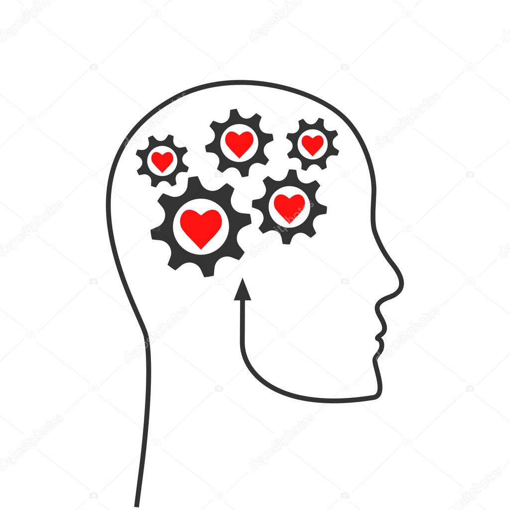 Head silhouette with gears and red hearts as emotional intelligence, inspiration or good mental health concept. Profile and face outline with cog wheels as human mind symbol.