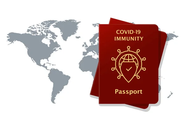 Covid Concepto Pasaporte Inmunidad Con Mapa Del Mundo Detrás Símbolo — Archivo Imágenes Vectoriales