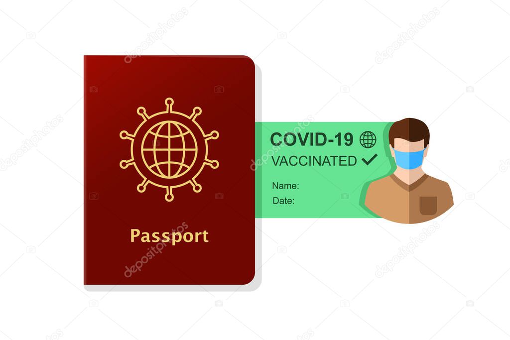 Passport and vaccination certificate concept. Human with a travel document as proof of being vaccinated and allowed traveling.