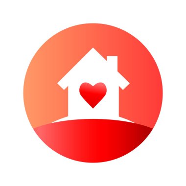 Kalp konsepti olan ev. Ev silueti daire simgesi ya da kalp şeklinde kırmızı renk logosu. Vektör illüstrasyonu beyaz arkaplanda izole edildi.