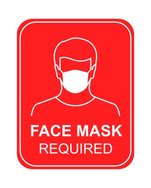 COVID-19, koronavirüs ve salgın nedeniyle yüz maskesi gerekiyor. Kırmızı ile uyarı işareti konsepti.