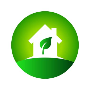 Ev logosu ya da içinde ev ve yaprak olan simge konsepti, gradyan yeşil renkler, daire şekli, beyaz arka planda izole edilmiş.