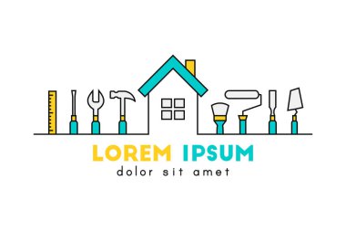 Tesis yönetimi, onarım ya da bakım konsepti olarak araçları olan bir ev. Beyaz arkaplanda logo olarak ev ve iş aracı simgesi ve imza izole edildi. 