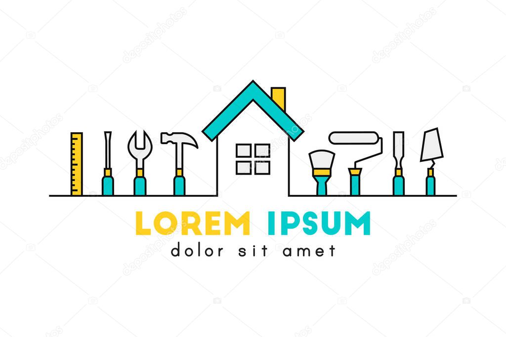 Home with tools as facility management, repair or maintenance concept. House and work tool icon set as logo and sign isolated on white background.