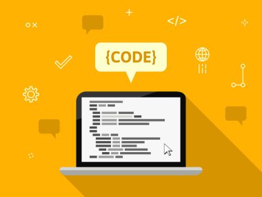 Düz dizayn içerisinde dizüstü bilgisayar, kod ve simgelerle programlama kavramı
