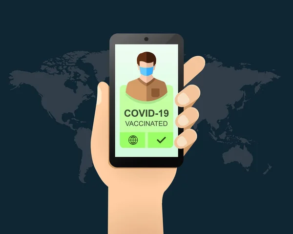 Pantalla Teléfono Móvil Pase Vacunación Con Mapa Del Mundo Segundo — Archivo Imágenes Vectoriales