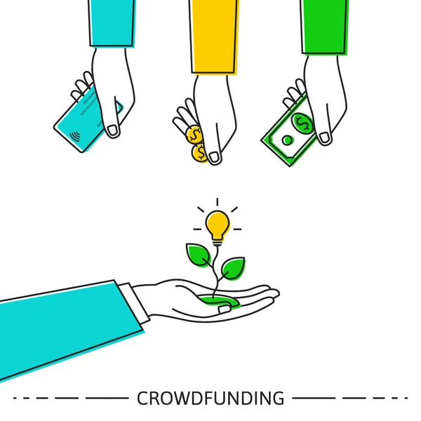 Λαμπτήρας Ιδέα Σύμβολο Καινοτομίας Και Χρήματα Έννοια Crowdfunding Σύσταση Χρηματοδότηση — Διανυσματικό Αρχείο