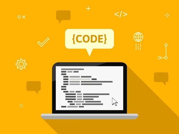 Koncept Programování Notebookem Kódem Ikonami Plochém Designu — Stockový vektor