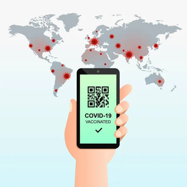 Pantalla Teléfono Móvil Pase Vacunación Con Código Mano Sosteniendo Teléfono — Archivo Imágenes Vectoriales