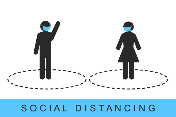 Social Distancing Koncept Med Stick Figur Människor Bär Ansiktsmask Och — Stock vektor