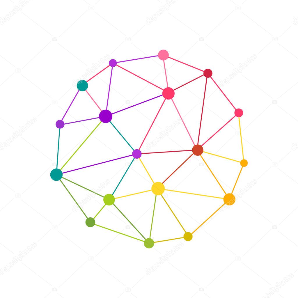 Abstract circle and sphere made of colorful lines and dots. Network, networking, connection and structure concept isolated on white background.