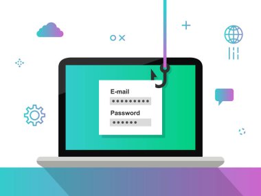 Phishing kavramı. Hırsız bir olta iğnesiyle bilgisayar ekranından şifre ve giriş bilgilerini çalıyor. İnternet, siber uzay, güvenlik, casus yazılım, hackleme ve kimlik hırsızlığı kavramı.