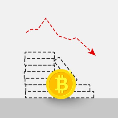 Bitcoin düşüşü ve düşüşü kavramı. Kırmızı ok aşağı işaret ediyor. Fiyat düşüyor, düşüyor, kayıp ve çöküş işareti. Çizgi ve grafik çizelgesi sembolünü reddet.