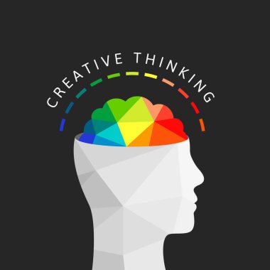 Renkli beyinli yaratıcı düşünce konsepti. İnsan zihni, kafası, yüzü ve profil silueti. Soyut vektör çizimi, düşük poli tasarımı.