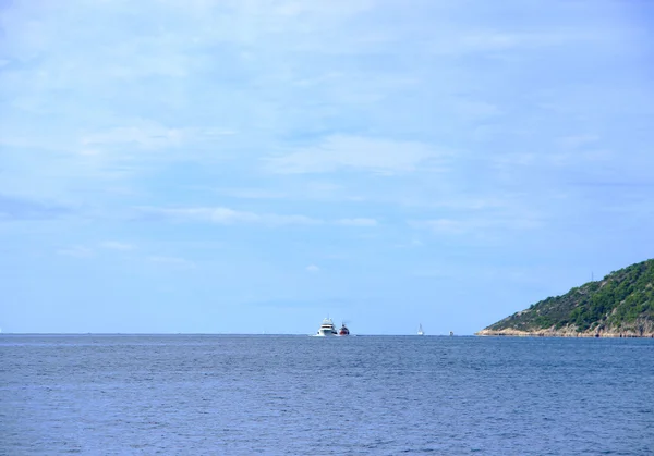 Cruise Ship with Forested Seashore — Stock Photo, Image