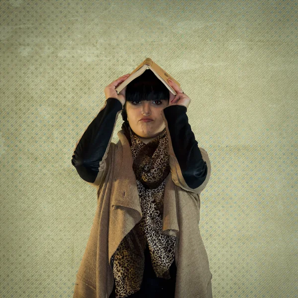 Dark Hair Woman with Book on Head — Stock Photo, Image