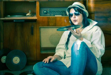 70s Fashion Girl with Sunglasses and Vinyl Player clipart