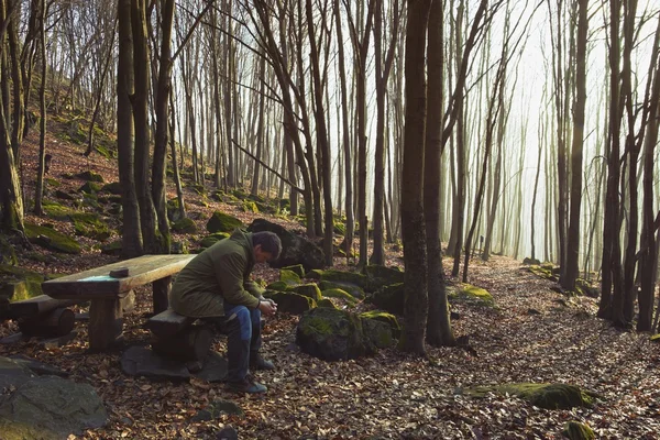 Člověk se modlí v lese s Misty stromy ve vzdálenosti — Stock fotografie